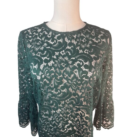 ZARA Small Forest Green Lace Bell Sleeve Blouse - Picture 4 of 13